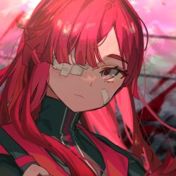 Rule 34 | 1girl, black jacket, blurry, blurry background, closed mouth, gauze, gauze over eye, grey eyes, hamelon310, highres, jacket, limbus company, long hair, looking at viewer, pink hair, project moon, sidelocks, simple background, solo, upper body, yuri (project moon)