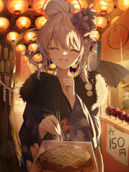 1girl absurdres blue_archive blush braid candy_apple chopsticks closed_eyes fish_cake flower food fried_food fur-trimmed_kimono fur_trim gr_greeze grey_hair hair_bun hair_flower hair_ornament halo haruna_(blue_archive) haruna_(new_year)_(blue_archive) highres holding holding_chopsticks incoming_food japanese_clothes kimono looking_at_viewer obi official_alternate_costume open_mouth piercing pov print_kimono purple_kimono sash shrimp single_hair_bun single_wing smile wide_sleeves wing_piercing wings