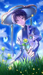 Rule 34 | 1boy, arms at sides, black bodysuit, black bridal gauntlets, black shorts, blue butterfly, blue gemstone, blue hat, blue kimono, blue sky, blue sleeves, blunt ends, bodysuit, bridal gauntlets, bug, butterfly, closed mouth, cloud, cloudy sky, crystalfly (genshin impact), expressionless, eyeliner, eyeshadow, feathers, flower, gem, genshin impact, glint, glowing butterfly, gold, gold ring, grass, hakama, hakama shorts, hat, highres, holding, holding flower, insect, japanese clothes, jingasa, juban, kimono, kneeling, layered sleeves, looking at viewer, makeup, male focus, mandarin collar, middle ring, nero hanken, open clothes, open kimono, outdoors, pleated shorts, pom pom (clothes), purple eyes, purple hair, red eyeliner, red eyeshadow, scaramouche (genshin impact), short sleeves, shorts, sidelighting, sky, solo, wanderer (genshin impact), watermark, white kimono, white sleeves, wispy bangs, yellow feathers, yellow flower, yellow petals