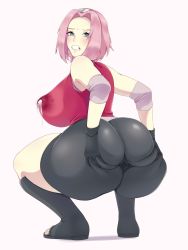 1girl absurdres alternate_breast_size anus ass bare_shoulders black_gloves blush breasts clenched_teeth clepovicka covered_anus elbow_pads female_focus gloves grabbing_own_ass green_eyes hairband haruno_sakura highres huge_ass huge_breasts lactation lactation_through_clothes naruto naruto_(series) pink_hair short_hair short_shorts shorts skin_tight solo spread_anus spread_anus_under_clothes spread_ass squatting teeth thick_thighs thighs through_clothes toeless_footwear toes white_background wide_hips