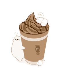 bear bird chai_(drawingchisanne) chocolate_syrup commentary cup drink english_text food food_focus highres in_food marshmallow no_humans no_mouth notice_lines original simple_background sitting standing undersized_animal whipped_cream white_background