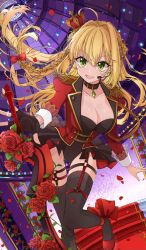 1girl :d aestus_estus black_skirt black_thighhighs blonde_hair braid breasts choker cleavage craft_essence_(fate) crown dome eyelashes fate/grand_order fate_(series) female_focus flower garter_straps green_eyes hair_ribbon headset jacket large_breasts leaning_forward long_hair looking_at_viewer microphone mini_crown nero_claudius_(fate) nero_claudius_(fate/extra) nero_claudius_(return_match)_(fate) official_alternate_costume official_art open_mouth osanai petals red_carpet red_flower red_jacket red_rose ribbon rose rose_petals single_braid skirt smile solo stairs sword thigh_strap thighhighs weapon