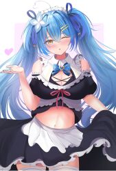 1girl absurdres apron bare_shoulders black_shirt black_skirt blue_hair blush cowboy_shot elf heart highres hololive maid maid_headdress one_eye_closed pointy_ears purple_background shirt simple_background skirt solo twintails virtual_youtuber waniwani_(wasabiwaniwani) white_background yellow_eyes yukihana_lamy