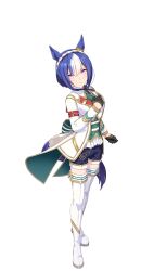 Rule 34 | 1girl, animal ears, arm at side, black gloves, black shorts, blue hair, boots, breasts, center frills, cesario (umamusume), closed mouth, coat, collared shirt, corset, frills, full body, game model, gloves, green shirt, half gloves, hand on own chest, high heels, highres, horse ears, horse girl, horse tail, long sleeves, looking at viewer, looking up, medium breasts, multicolored hair, official art, purple eyes, shirt, short hair, short shorts, shorts, small breasts, solo, standing, tail, tailcoat, thigh boots, thighs, transparent background, two-tone hair, umamusume, white boots, white coat