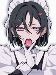 1girl alternate_costume black_hair blue_archive commentary_request dress ear_piercing enmaided forked_tongue gloves hair_ornament hairclip hand_up highres jewelry long_sleeves looking_at_viewer maid maid_headdress misaki_(blue_archive) open_mouth piercing pink_eyes portrait ring short_hair solo tongue tongue_out uumi_hinata white_dress white_gloves