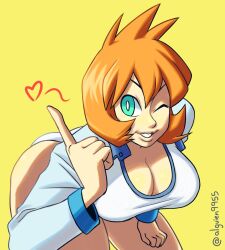 1girl ass back bare_legs bell_haircut bikini breasts cleavage covered_navel cowboy_shot female_focus green_eyes gym_leader happy heart highres huge_ass jacket large_breasts leaning_forward legs misty_(pokemon) mralguienynadie nintendo one-piece_swimsuit one_eye_closed orange_hair pokemon pokemon_hgss red_hair smile solo swimsuit thick_thighs thighs white_jacket wink