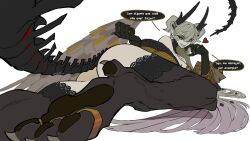 1girl animal_feet arm_support artist_name ass bare_shoulders bird_wings black_collar black_fur black_horns black_robe black_scales black_skin black_tail body_fur bone_tail bracelet clenched_hand collar colored_skin commentary crossed_bangs demon_girl demon_horns demon_tail demon_wings detached_collar diamond_hair_ornament double-parted_bangs ear_piercing earrings english_text eyeshadow fate/grand_order fate_(series) feathers feet_out_of_frame fingernails from_below full_body fur-trimmed_robe fur_trim gold_bracelet gold_ring gold_scales gold_snake golden_feathers golden_wings gradient_hair gradient_skin green_eyes green_hair grey_eyeshadow grey_feathers grey_lips grey_nails grey_wings grin hair_around_horn hair_between_eyes hand_on_own_cheek hand_on_own_face heart highres horns huge_horns jewelry lace lace-trimmed_legwear lace-trimmed_robe lace_trim leg_fur lilith_(fate) lilith_(third_ascension)_(fate) long_hair long_horns long_sleeves lying makeup mature_female multicolored_hair multiple_piercings multiple_rings nail_polish neck_collar on_side open_clothes open_robe pale_skin pawpads piercing pink_hair pointy_ears portuguese_commentary portuguese_text puffy_long_sleeves puffy_sleeves ring robe savadava seductive_smile see-through_clothes see-through_robe see-through_sleeves sharp_fingernails simple_background skeletal_bracelet skeletal_tail skull slit_pupils smile snake snake_wrapped_around_arm solo speech_bubble spiked_ear_piercing stomach_tattoo swept_bangs tail tattoo tattoo_between_breasts thighs thought_bubble toe_claws toe_ring two-tone_hair two-tone_wings very_long_hair very_long_robe very_long_tail white_background wings