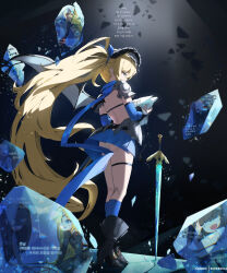 Rule 34 | 4girls, armband, armor, black background, black hair, blonde hair, blue dress, blue eyes, blue socks, blunt bangs, boots, bridal gauntlets, chloe (nikke), chuunibyou, commentary, constricted pupils, crystal, dress, eyepatch, faceless, faceless female, from behind, goddess of victory: nikke, guillotine (nikke), guillotine (winter slayer) (nikke), hair ribbon, hairband, hand up, highres, hip armor, holding, holding paper, horns, ingrid (nikke), kneehighs, kneeling, korean text, long hair, long sleeves, looking at another, maiden (nikke), mask, military uniform, mouth mask, multiple girls, official alternate costume, official alternate hairstyle, open mouth, panties, pantyshot, paper, pauldrons, pentacle, ponytail, ribbon, scarf, shoulder armor, shouting, socks, sonaworld, strap, sword, text focus, thigh strap, translation request, underwear, unworn eyepatch, very long hair, weapon, white panties
