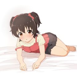 1girl absurdres akagi_miria barefoot black_skirt brown_eyes brown_hair child commentary feet flat_chest full_body hair_between_eyes highres idolmaster idolmaster_cinderella_girls light_blush looking_at_viewer luilui_0525 lying shirt short_hair short_sleeves simple_background skirt solo thighs twintails white_background