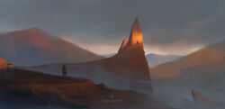 Rule 34 | 1boy, cambocreation, cloak, cloud, cloudy sky, desert, fog, from behind, landscape, mountain, mountainous horizon, original, painterly, ruins, scenery, sky, sunlight, watermark