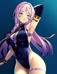 1girl arm_behind_head armpits blue_background blue_eyes blush bracelet braid breasts citlali_(genshin_impact) covered_navel facial_mark forehead_mark genshin_impact highres jewelry large_breasts leotard long_hair looking_at_viewer noctelunam pink_hair solo