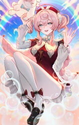 1girl aqua_eyes aqua_hair black_shoes breasts commentary dress hat highres honkai:_star_rail honkai_(series) hyacine_(honkai:_star_rail) little_ica_(honkai:_star_rail) long_legs looking_at_viewer mcdobo medium_breasts multicolored_hair open_mouth pantyhose pink_hair rainbow red_dress red_hat shoes thighs twintails two-tone_hair white_pantyhose