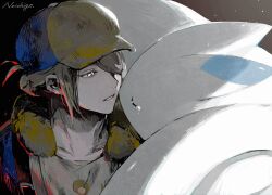 1boy artist_name blonde_hair closed_eyes commentary_request fur_trim gen_4_pokemon ginkgo_guild_uniform hair_bun hat male_focus newsboy_cap nintendo no_ichigo parted_bangs parted_lips pokemon pokemon_(creature) pokemon_legends:_arceus single_hair_bun solo tears teeth togekiss upper_body volo_(pokemon) yellow_eyes yellow_fur