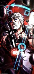 Rule 34 | 1boy, absurdres, aiming, aiming at viewer, arrow (symbol), beard, black gloves, blue eyes, bullet, circle, cube, facial hair, fingerless gloves, gloves, grey jacket, gun, handgun, hatching (texture), high ponytail, highres, holding, holding gun, holding weapon, jacket, jojo no kimyou na bouken, looking at viewer, male focus, mustache, noonvincent, ponytail, popped collar, revolver, ringo roadagain, sleeveless, sleeveless jacket, solo, steel ball run, triangle, weapon, white hair