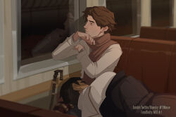 2boys arcane:_league_of_legends arcane_jayce arm_rest black_jacket bluesky_username brown_eyes brown_hair brown_scarf cane closed_eyes commentary english_commentary jacket jayce_(league_of_legends) lap_pillow league_of_legends long_sleeves looking_outside looking_to_the_side male_focus mole mole_on_cheek mto multiple_boys reflection scarf shirt short_hair sitting sleeping train_interior tumblr_username twitter_username viktor_(arcane) viktor_(league_of_legends) white_shirt window
