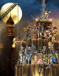 absurdres banjo-kazooie banjo_(banjo-kazooie) baseball_bat baseball_cap building cape chrom_(fire_emblem) city male_corrin_(fire_emblem) crane_(machine) dog_(duck_hunt) dual_persona duck_(duck_hunt) duck_hunt facial_hair female_robin_(fire_emblem) fire_emblem fire_emblem_awakening fire_emblem_fates hard_hat hat helmet highres ike_(fire_emblem) kazooie_(banjo-kazooie) keyblade kicdon kingdom_hearts kingdom_hearts_iii lucas_(mother_3) lucina_(fire_emblem) male_robin_(fire_emblem) mario_(series) mother_(series) mother_2 mother_3 mustache mythra_(massive_melee)_(xenoblade) mythra_(xenoblade) ness_(mother_2) nintendo over_shoulder pantyhose parody pokemon pokemon_(creature) rope_snake seiza sitting sonic_(series) sonic_the_hedgehog spiked_hair super_mario_maker super_smash_bros. super_star_(mario) weapon weapon_over_shoulder xenoblade_chronicles_(series) xenoblade_chronicles_2
