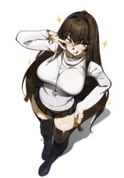 1girl absurdres aozaki_aoko black_boots black_skirt black_thighhighs blue_eyes blush boots breasts brown_hair deko_morii full_body hair_intakes highres jewelry knee_boots large_breasts licking_lips long_hair long_sleeves looking_at_viewer mahou_tsukai_no_yoru miniskirt necklace sidelocks skirt smile solo sparkle sweater thighhighs thighs tongue tongue_out turtleneck turtleneck_sweater white_sweater