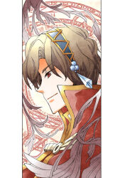 1boy blue_hairband brown_hair capelet closed_mouth commentary_request feathers gold_trim hairband high_wizard_(ragnarok_online) magic_circle male_focus micoto pearl_hair_ornament pillarboxed profile ragnarok_online red_capelet red_eyes short_hair smile solo upper_body