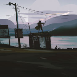 1girl black_hair bow_(weapon) coat commentary door english_commentary from_behind girl_chasing_giants_(yun_ling) highres lake lamppost on_roof original outdoors outstretched_arm power_lines shed short_hair shorts sign solo standing utility_pole weapon window yun_ling