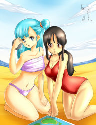 Rule 34 | 2girls, beach, bikini, black hair, blue hair, breasts, bulma, chi-chi (dragon ball), cleavage, dragon ball, dragonball z, highres, multiple girls, navel, open mouth, swimsuit