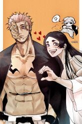 1boy 1girl 1other absurdres black_hair gvsh8573 half-heart_hands heart_hands_failure highres jujutsu_kaisen long_hair looking_at_viewer muscular muscular_male parted_bangs pink_hair purple_eyes ryoumen_sukuna_(jujutsu_kaisen) ryoumen_sukuna_(true_form)_(jujutsu_kaisen) uraume_(jujutsu_kaisen) yorozu_(jujutsu_kaisen)