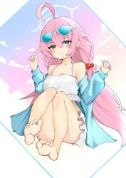 1girl :3 absurdres ahoge bad_feet barefoot bikini blue_archive blue_eyes blue_jacket breasts cleavage eyewear_on_head feet full_body halo heterochromia highres hoshino_(blue_archive) hoshino_(swimsuit)_(blue_archive) jacket long_hair long_sleeves looking_at_viewer orange_eyes pink_hair ritarittaaa smile soles solo summer_uniform sunglasses swimsuit toes twintails white_bikini