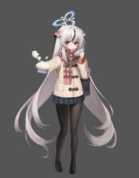 1girl alternate_costume bag black_hair black_pantyhose black_shoes blue_archive child chirang closed_mouth coat food full_body grey_background grey_hair hair_between_eyes halo highres holding holding_food kokona_(blue_archive) loafers long_hair long_sleeves looking_at_viewer multicolored_hair pantyhose scarf school_bag school_uniform shoes simple_background skirt smile solo standing steamed_bun streaked_hair striped_clothes striped_scarf very_long_hair winter_clothes winter_coat