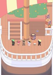 1girl 5boys antlers back barrel black_hair black_suit blonde_hair boat brown_overalls chibi commentary formal_clothes going_merry green_hair haramaki hat highres horns lv5plant monkey_d._luffy multiple_boys nami_(one_piece) nami_(one_piece)_(alabasta) one_piece orange_hair overalls pink_hat reindeer_antlers roronoa_zoro sanji_(one_piece) sash short_hair straw_hat straw_hat_pirates suit tony_tony_chopper usopp watercraft