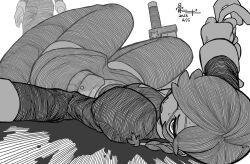 2025 2girls annie_(skullgirls) belt_pouch blood bone_nigi braid dated defeat double_(skullgirls) dress eyepatch greyscale hair_over_one_eye highres juliet_sleeves long_sleeves lying monochrome multiple_girls on_back pouch puffy_sleeves sagan_(skullgirls) short_dress skullgirls solo_focus sweat sword thighhighs twin_braids weapon
