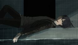 1boy absurdres antenna_hair bandaged_hand bandages black_hair black_jacket black_pants blazer closed_mouth dark dream_pool expressionless from_side grey_eyes grey_sweater_vest highres ijjadd0000 jacket kenmochi_touya kenmochi_touya_(1st_costume) knee_up liminal_space long_sleeves lying male_focus necktie nijisanji on_back open_clothes open_jacket pants plaid_clothes plaid_necktie red_necktie refraction school_uniform shadow short_hair solo sweater_vest tile_wall tiles very_short_hair virtual_youtuber water winter_uniform