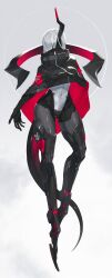Rule 34 | 1girl, absurdres, android, black skin, blunt bangs, bodysuit, cape, colored skin, covered navel, echanis enicha, hair over one eye, highres, horns, jacket, leotard, mechanical legs, no eyes, original, poncho, red nails, robot, single horn, white background