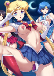 3girls bishoujo_senshi_sailor_moon black_hair blonde_hair blue_choker blue_eyes blue_hair blue_sailor_collar blue_skirt breasts change_in_common_sense choker commentary_request crescent_moon daiaru double_bun earrings elbow_gloves exhibitionism floating_earring gloves hair_bun highres hypnosis jewelry large_breasts long_hair looking_at_viewer magical_girl mind_control miniskirt moon multiple_girls navel night night_sky nipple_piercing nipple_rings object_insertion open_mouth panties piercing public_indecency red_skirt sailor_collar sailor_mars sailor_mercury sailor_moon sailor_senshi_uniform sex_toy short_hair skirt sky twintails underwear v v_over_eye vaginal vaginal_object_insertion vibrator white_gloves white_panties