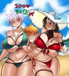 Rule 34 | 1boy, 2girls, arms around another&#039;s waist, artist name, bare shoulders, beach, bikini, black hair, black nails, bleach, bleach: brave souls, breasts, cloud, collarbone, grey hair, hat, highres, kotetsu isane, kurosaki ichigo, large breasts, light blush, long hair, multiple girls, ocean, official alternate costume, orange hair, rajnsfws, sand, shiny skin, short hair, sidelocks, sky, sun hat, swimsuit, thigh strap, unohana retsu