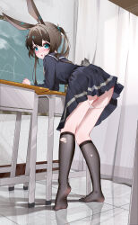 Rule 34 | 1girl, absurdres, amiya (arknights), animal ear fluff, animal ears, arknights, arm support, black socks, blue eyes, blue ribbon, blue sailor collar, blue serafuku, blue shirt, blue skirt, blush, brown hair, chalkboard, chinese commentary, commentary request, curtains, double-parted bangs, film grain, from behind, full body, graph, hair between eyes, hair ribbon, highres, indoors, kneehighs, leaning forward, leaning on object, long bangs, long sleeves, looking at viewer, looking back, marble (stone), marble floor, math, micro panties, no shoes, nose blush, panties, panty pull, parted lips, pleated skirt, ponytail, pussy, rabbit ears, rabbit girl, rabbit tail, raised inner eyebrows, reflective floor, ribbon, sailor collar, school uniform, serafuku, shenmi de xigua, shirt, skirt, socks, soles, solo, standing, stool, string panties, striped clothes, striped panties, tail, teeth, torn clothes, torn socks, turning head, uncensored, underwear, upper teeth only, vertical-striped clothes, vertical-striped panties