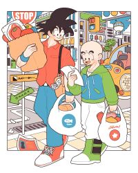 2boys bag bald bald_male black_eyes black_hair car city crosswalk dragon_ball friends happy kuririn motor_vehicle multiple_boys road_sign shopping shopping_bag sign smile son_goku stop_sign