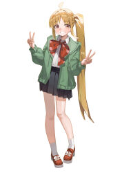 1girl absurdres blonde_hair blue_skirt bocchi_the_rock! double_v full_body green_jacket grin hands_up highres ijichi_nijika jacket long_hair long_sleeves looking_at_viewer pleated_skirt ponytail red_shoes school_uniform shirt shoes side_ponytail simple_background skirt smile socks solo standing summer_(724788381) v white_background white_shirt white_socks yellow_eyes