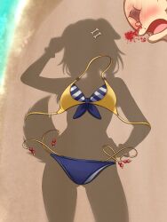 1girl animal_ears aroused_nosebleed beach bikini blood bone_hair_ornament day dog_ears dog_girl dog_tail dressed_shadow_(meme) female_pov hair_ornament highres hololive implied_nudity inugami_korone kamineko_(kamineko9675) listener_(inugami_korone) medium_hair meme outdoors pov puckered_face sand striped_bikini striped_clothes swimsuit tail virtual_youtuber water yellow_bikini