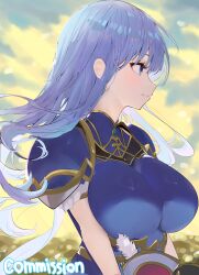 1girl absurdres armor armored_dress blue_armor blue_eyes breasts check_commentary closed_mouth cloud cloudy_sky commentary_request commission dress dx_(xxer4838) evening eyelashes from_side grey_hair highres large_breasts lenneth_valkyrie light_blush long_hair outdoors profile short_sleeves shoulder_armor shoulder_pads sky solo upper_body valkyrie valkyrie_profile_(series) wind wind_lift