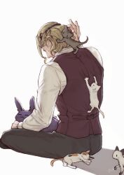 1boy :&lt; black_cat black_pants black_vest blonde_hair calico cat closed_eyes collared_shirt commentary_request fire_emblem fire_emblem_fates from_behind highres indian_style kitten long_sleeves male_focus nintendo on_lap pants shirt sitting solo tiara ultrablueanya vest wavy_hair white_background white_shirt xander_(fire_emblem)