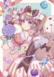 1girl absurdres animal animal_ears blue_eyes blunt_bangs bow brown_bow brown_hair candy closed_mouth commentary_request cupcake dessert donut dress fluffy food frilled_dress frills gummy_bear hair_bow heart highres hime_lolita holding holding_food icing kozou_kazaru lolita_fashion lollipop long_hair looking_at_viewer looking_back original pom_pom_(clothes) ponytail solo squirrel squirrel_ears squirrel_girl squirrel_tail standing strawberry_icing striped_clothes sweet_lolita sweets tail tail_bow tail_ornament vertical-striped_clothes