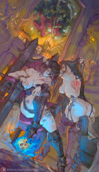 2girls angel arm_tattoo armor armrest ass back back_tattoo black_garter_belt black_hair black_thighhighs bloodstained:_ritual_of_the_night bloodstained_(series) blue_fire body_markings boots breast_tattoo breasts candle castlevania:_order_of_ecclesia castlevania_(series) chair checkered_floor colored_fire corset couch creator_connection crossover cutesexyrobutts death_(castlevania) death_(entity) demon_horns dutch_angle embers fire fireplace full_body functionally_nude gargoyle garter_belt glowing grim_reaper high_heels highres horns large_breasts leaf leaning_forward leg_tattoo lingerie long_hair looking_at_viewer looking_back miriam_(bloodstained) multiple_girls nude painting_(object) patreon_username perky_breasts picture_frame shanoa_(castlevania) sideboob sitting skull statue tattoo thick_thighs thigh_boots thighhighs thighs throne underwear very_long_hair wide_hips