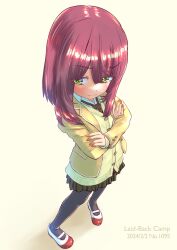 1girl black_leggings blazer blush buttons cardigan collared_shirt copyright_name dated fingernails from_above green_eyes green_skirt grey_background highres jacket jagi_(jagi_souken) lapels leggings mary_janes medium_hair necktie orange_nails purple_hair shirt shoes skirt solo standing striped_necktie toki_ayano yurucamp