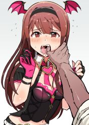 1boy 1girl @_@ absurdres asymmetrical_gloves black_gloves black_hairband blush breasts brown_eyes brown_hair butsuzou_(snur2022) cleavage demon_wings detached_collar fangs finger_in_another&#039;s_mouth fingerless_gloves fingernails flying_sweatdrops gloves hairband hands_up head_wings hetero highres idolmaster idolmaster_million_live! idolmaster_million_live!_theater_days long_fingernails long_hair looking_at_viewer midriff_peek mismatched_gloves monster!_devil_(idolmaster) nail_polish open_mouth pink_gloves pink_nails pov pov_hands saliva simple_background single_fingerless_glove tanaka_kotoha teeth tongue two-tone_gloves upper_body white_background wings