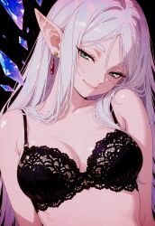 black_bra bra earrings elf frieren jewelry looking_at_viewer pointy_ears smile sousou_no_frieren underwear white_hair