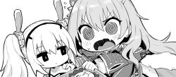 2girls @_@ animal_ears azur_lane azur_lane:_slow_ahead chibi chibi_only fake_animal_ears fang flying_sweatdrops grabbing_another&#039;s_shoulder greyscale hori_(hori_no_su) laffey_(azur_lane) lion_(azur_lane) military_uniform monochrome multiple_girls official_art open_mouth rabbit_ears simple_background skin_fang sweatdrop twintails white_background