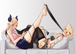 2girls absurdres ahoge aiharararara bare_shoulders barefoot black_shorts black_skirt black_tail black_thighhighs black_tube_top blonde_hair blue_eyes breasts cleavage commentary couch demon_girl demon_horns demon_tail demon_wings english_commentary feet feet_up frilled_shirt frills gradient_hair highres hololive horns large_breasts legs long_hair mouth_hold multicolored_hair multiple_girls no_shoes on_couch pink_hair pink_shirt pointy_ears shirt short_hair shorts skirt strapless tail thighhighs toenails toes tube_top virtual_youtuber wings yozora_mel yuzuki_choco yuzuki_choco_(1st_costume)