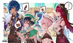 1girl 3boys alcohol beer_mug beret black_gloves black_hair blue_hair blurry blurry_background border bottle braid champagne_flute coif cup dahlia_(genshin_impact) dark-skinned_male dark_skin drinking_glass earrings elbow_gloves eyepatch fishnet_pantyhose fishnets flower genshin_impact gloves gradient_hair green_eyes hair_between_eyes hat highres jewelry kaeya_(genshin_impact) liquor long_hair long_sleeves mug multicolored_hair multiple_boys nene_chiru nun open_mouth pantyhose pelvic_curtain pink_hair ponytail purple_eyes red_eyes red_hair rosaria_(genshin_impact) shirt short_hair short_hair_with_long_locks signature smile tiara twin_braids veil venti_(genshin_impact) white_border white_flower white_gloves white_hat white_shirt wine_bottle