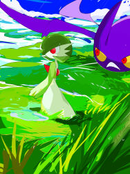 1girl bat_(animal) blue_sky bob_cut closed_mouth cloud colored_sclera colored_skin crobat dew_drop dot_mouth female_focus from_side gardevoir gen_2_pokemon gen_3_pokemon get grass green_hair green_skin hair_over_one_eye highres looking_at_another looking_to_the_side multicolored_skin nintendo one_eye_covered pokemon pokemon_(creature) red_eyes short_hair sky standing tall_grass teeth two-tone_skin water_drop white_skin yellow_sclera zen_(koko)