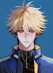 1boy antenna_hair black_hair black_shirt blonde_hair blue_background blue_jacket chinese_commentary closed_mouth ear_piercing earrings hair_between_eyes highres jacket jewelry looking_at_viewer male_focus messy_hair multicolored_hair orange_eyes piercing portrait shiguang_dailiren shirt short_hair simple_background solo tennouji_(weibo_7977958040) track_jacket turtleneck turtleneck_shirt upper_body xia_fei zipper