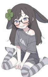 1girl animal_ears blush glasses hair_ornament highres indie_virtual_youtuber kiyomi_pyon-pyon long_hair possummachine rabbit_ears shirt sitting solo striped_clothes striped_thighhighs thighhighs virtual_youtuber